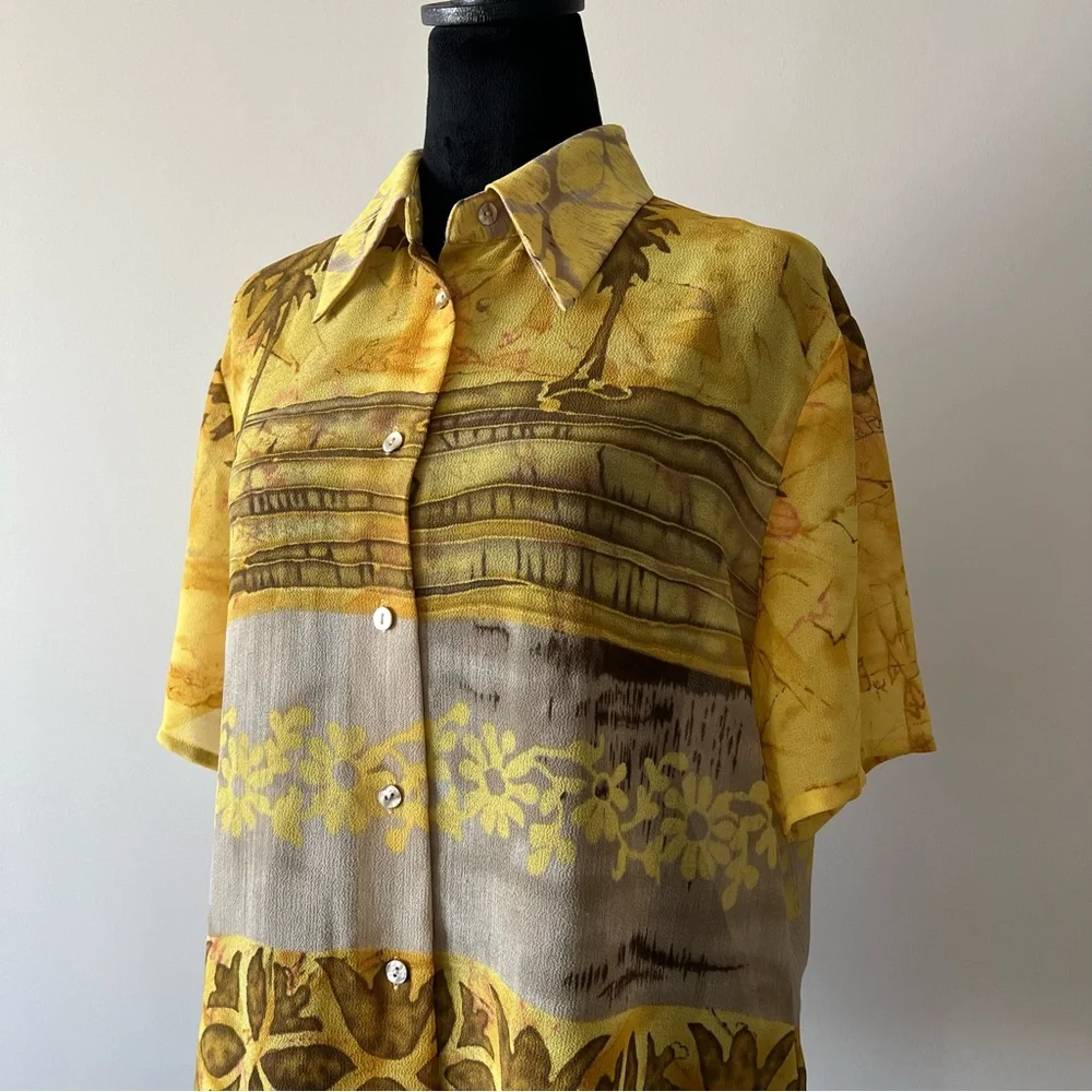 Vintage Hawaiian Yellow Organic Pattern Short Sleeve Button-Up Blouse - Picture 3 of 10